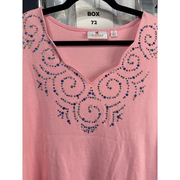 Quacker Factory Size 2X Pink Embellished Top With Rhinestone Design - Picture 3 of 8
